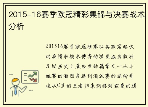 2015-16赛季欧冠精彩集锦与决赛战术分析